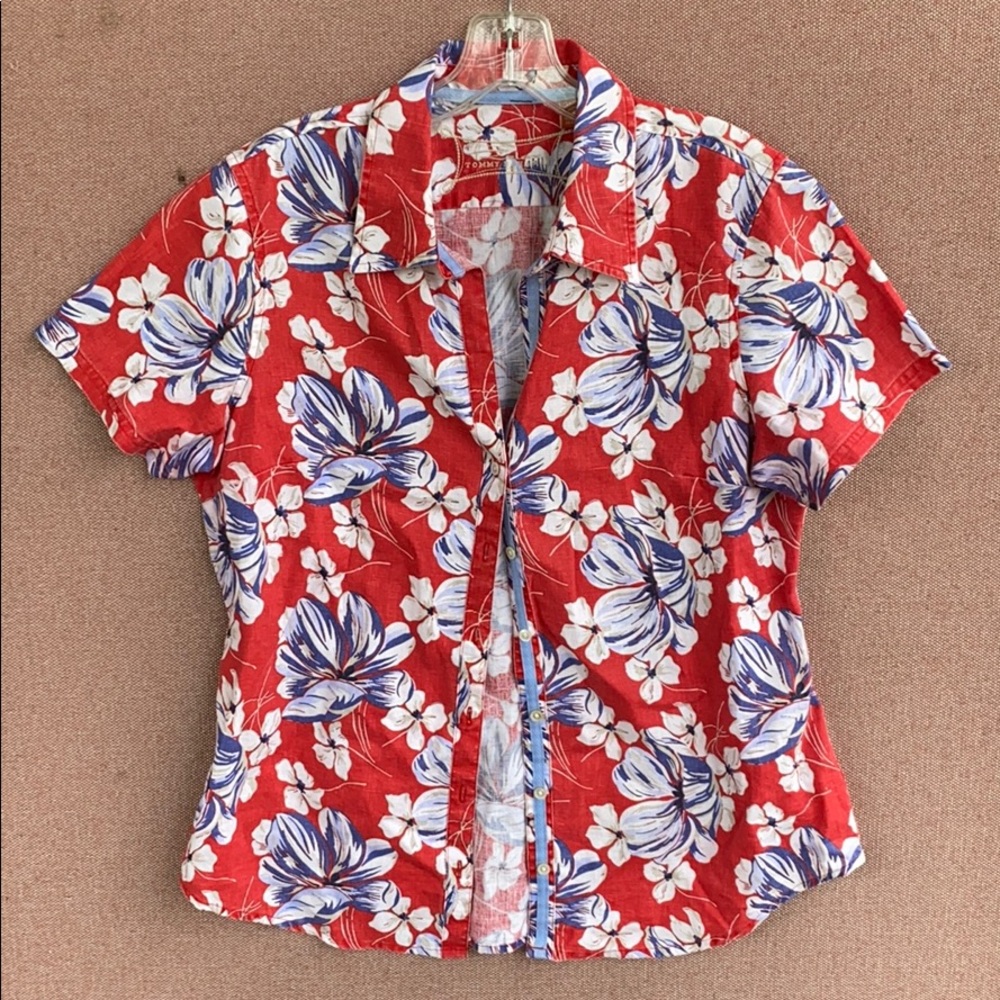 Tommy Bahama 100% linen red floral shirt